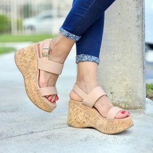 Women's High Platform Ankle Strap Wedge Almond Color